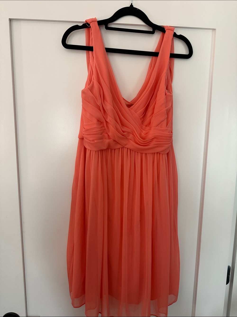 David's Bridal Coral Midi Chiffon Dress with Draped Bodice